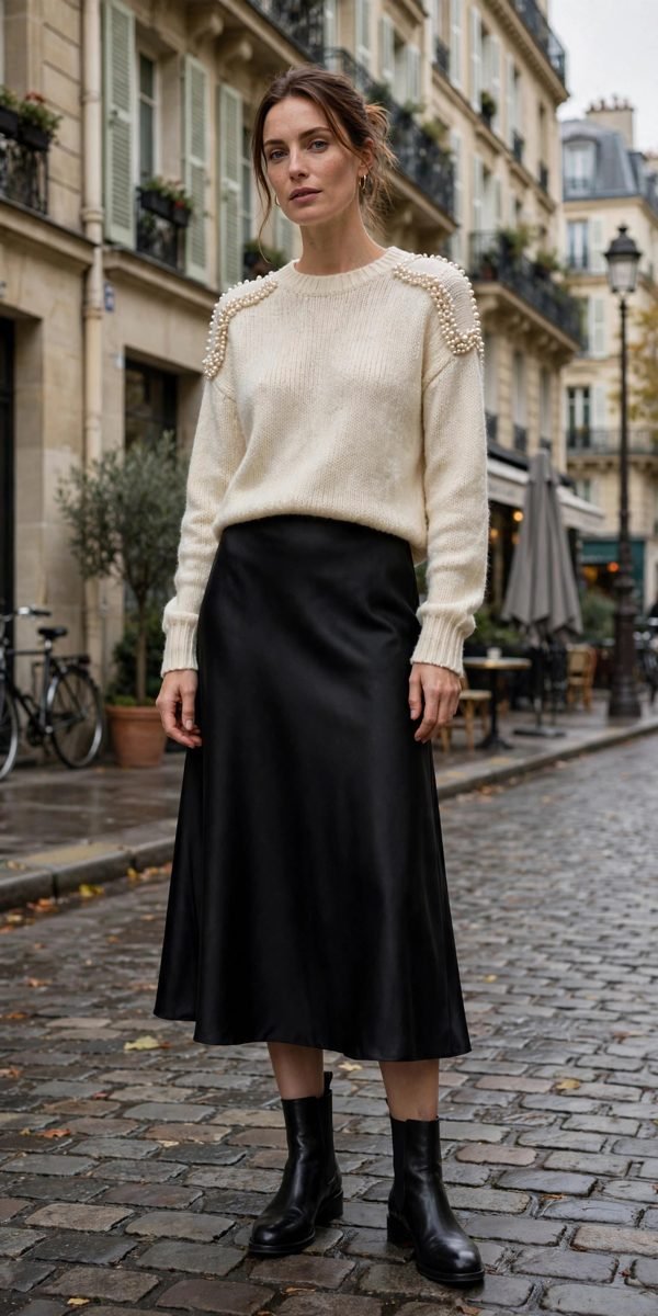 Woman in pearl-embellished sweater with black satin skirt