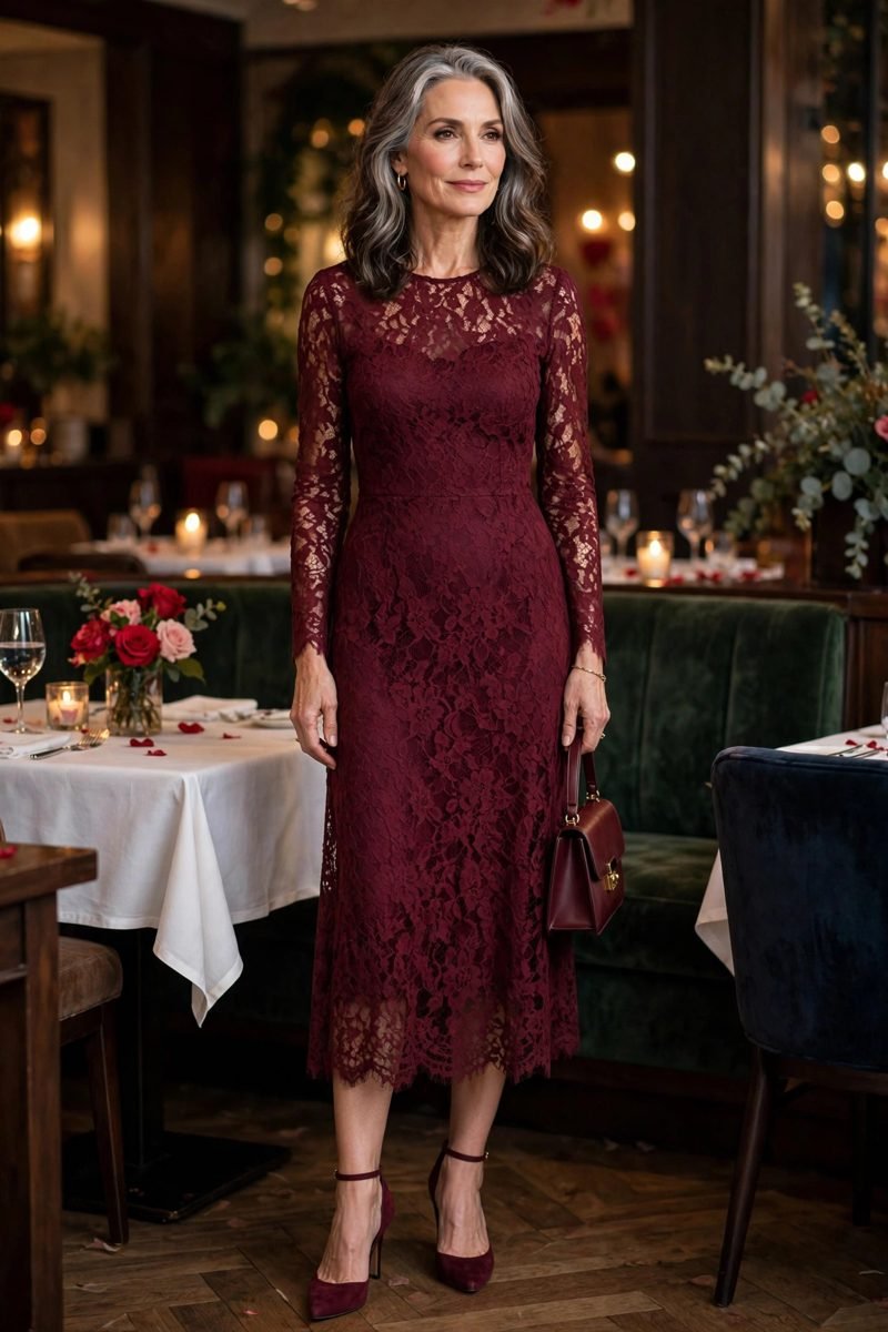 Burgundy Lace Midi Dress