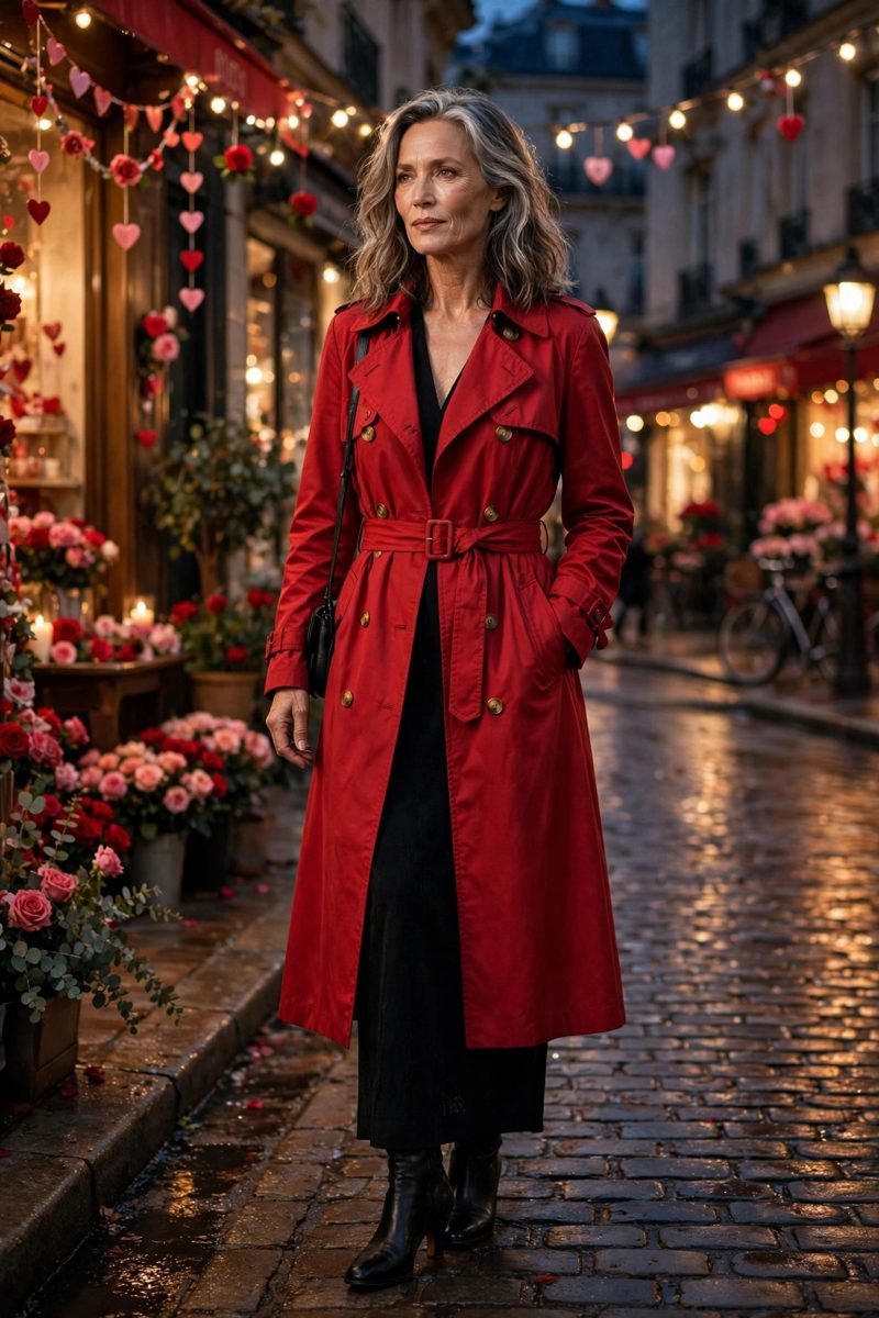 Red Trench Coat Over Black Dress