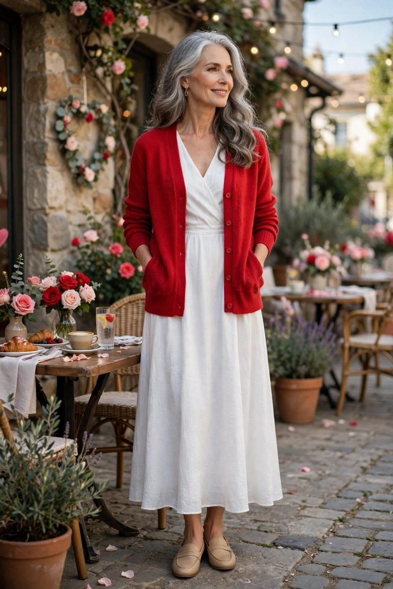 Red Cardigan and White Dress