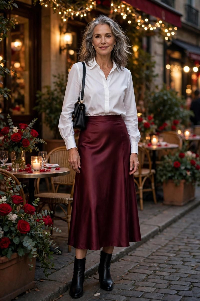 Burgundy Satin Midi Skirt