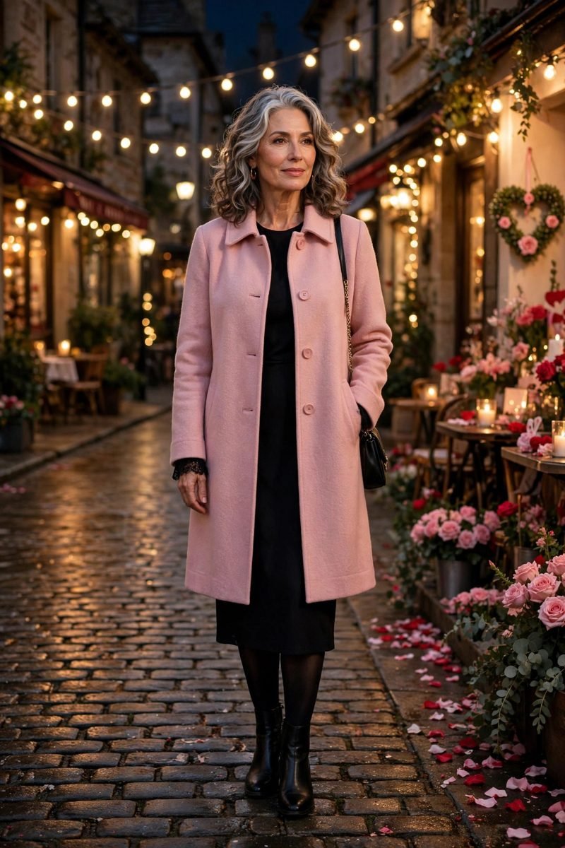 Pink Coat Over Black Dress