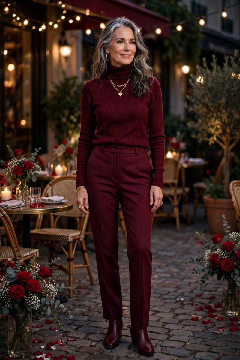 Burgundy Turtleneck and Gold Jewelry