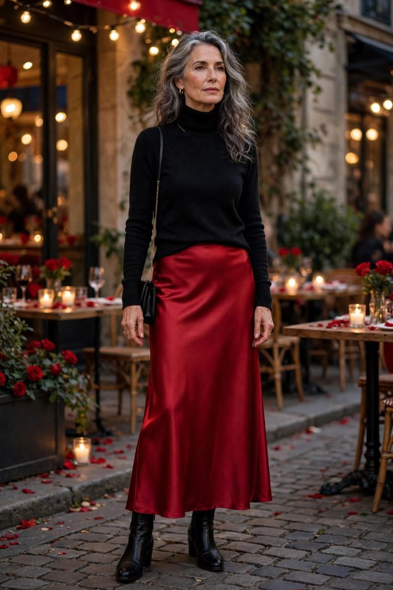 Red Slip Skirt and Black Turtleneck
