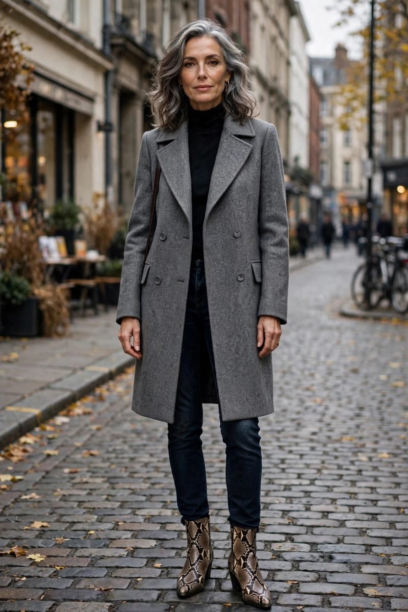 Wool coat and dark jeans with snakeskin boots