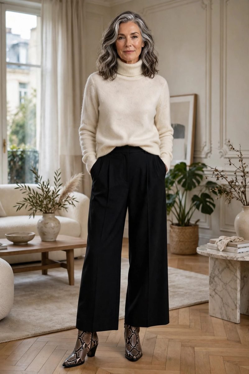Cashmere turtleneck and wide-leg trousers with snakeskin boots