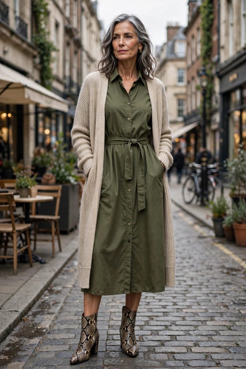 Midi shirt dress with long cardigan and snakeskin boots