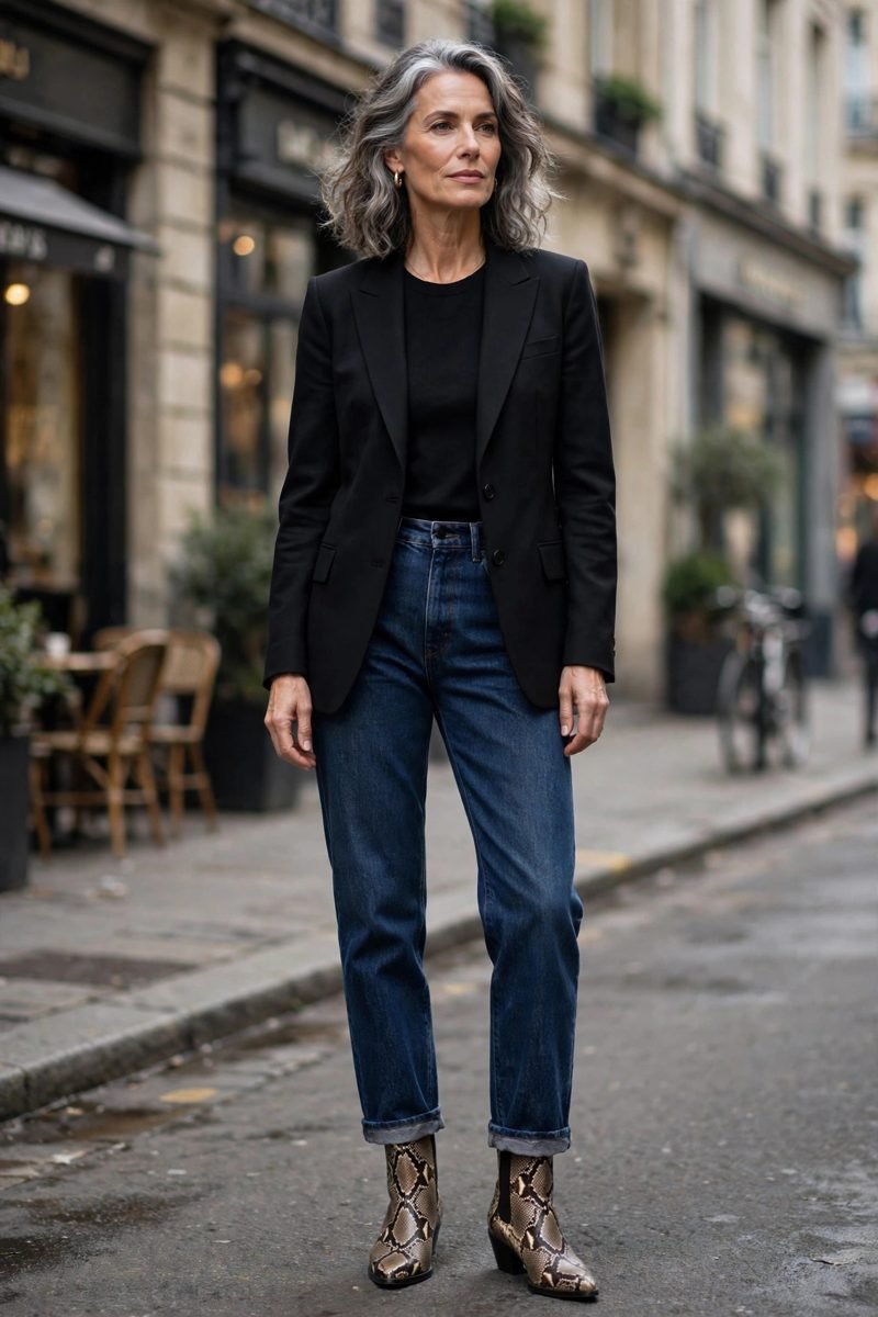 Blazer and straight-leg jeans with snakeskin boots
