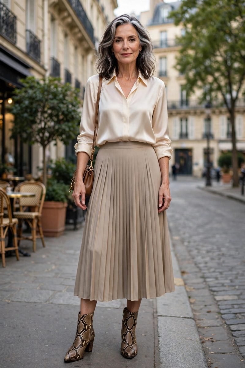 Pleated midi skirt and silk blouse with snakeskin boots