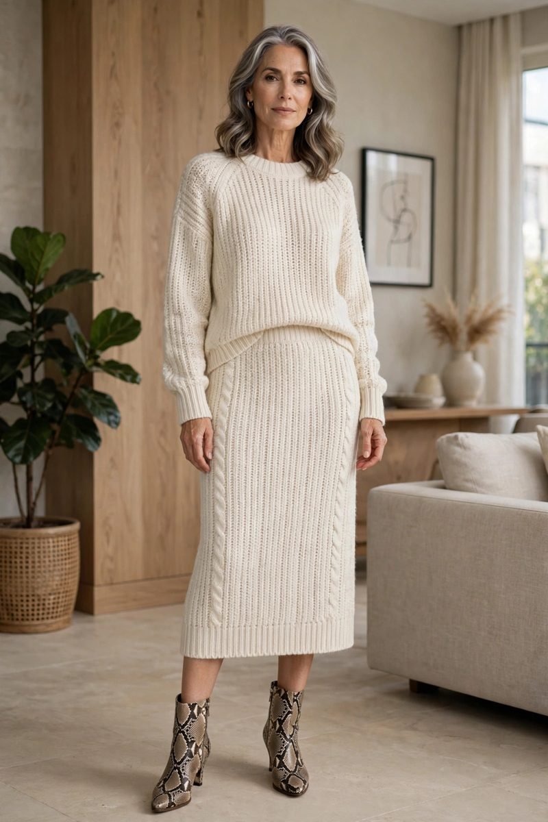 Monochrome knit set with snakeskin boots