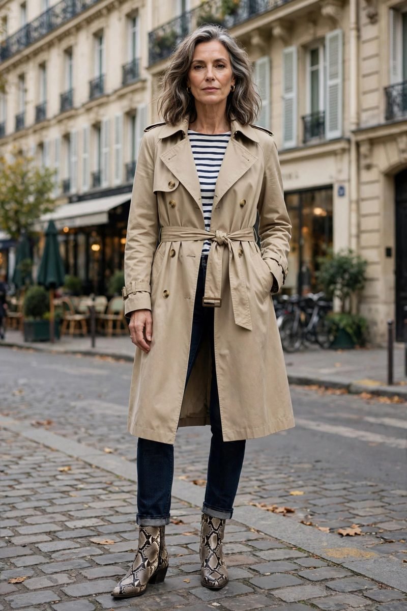 Trench coat and striped top with snakeskin boots