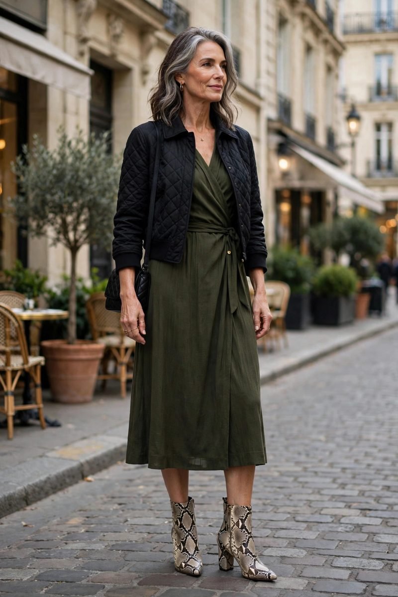 Wrap dress with cropped jacket and snakeskin boots