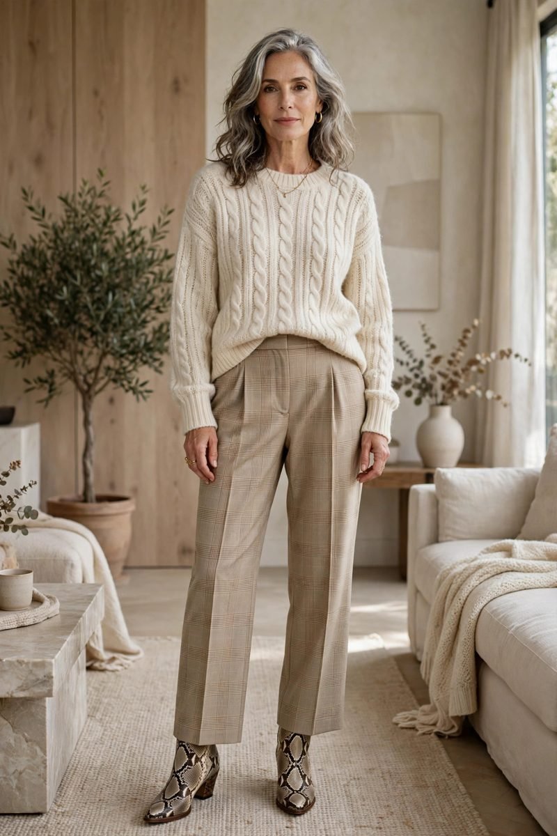 Cream sweater and plaid trousers with snakeskin boots