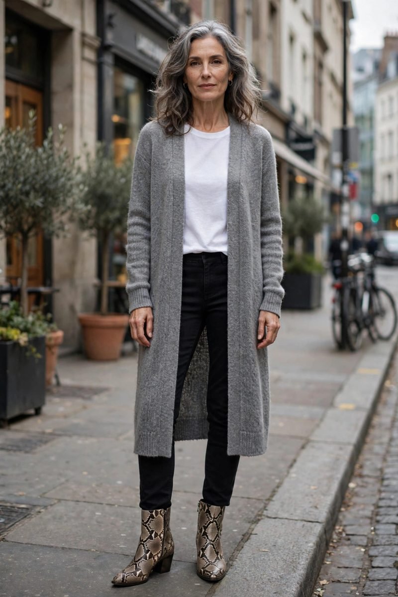 Longline cardigan and slim pants with snakeskin boots
