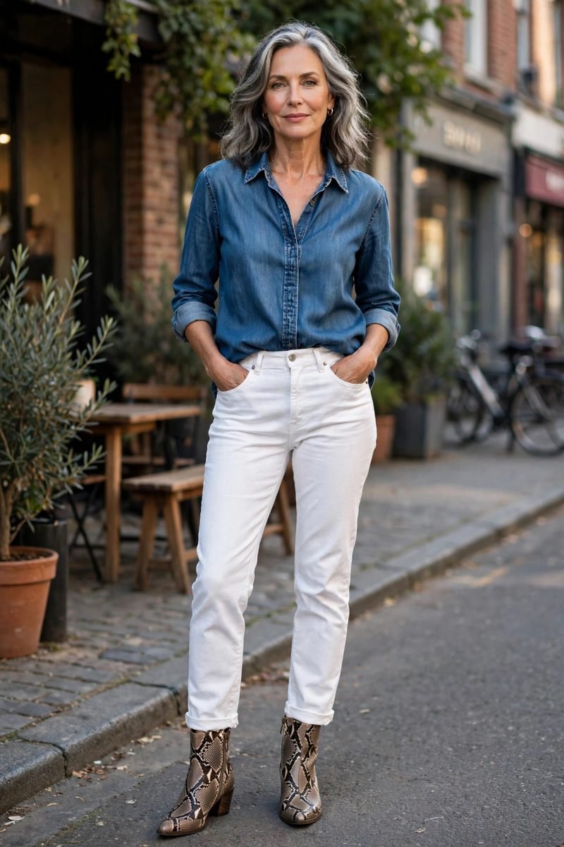Denim shirt and white jeans with snakeskin boots