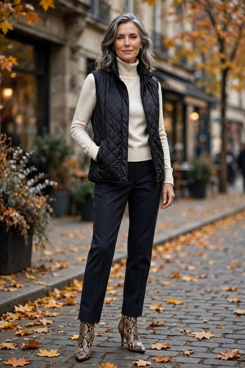 Quilted vest and turtleneck with snakeskin boots