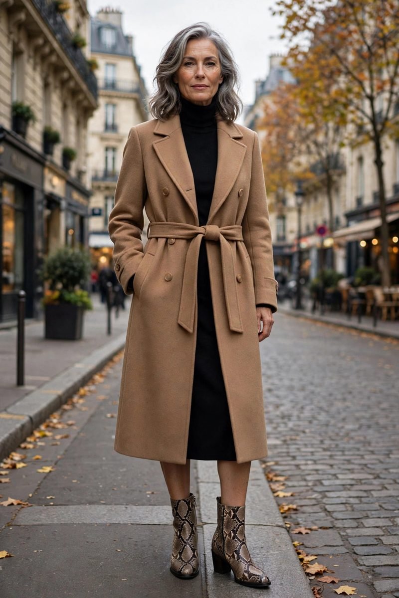 Camel coat over turtleneck dress with snakeskin boots