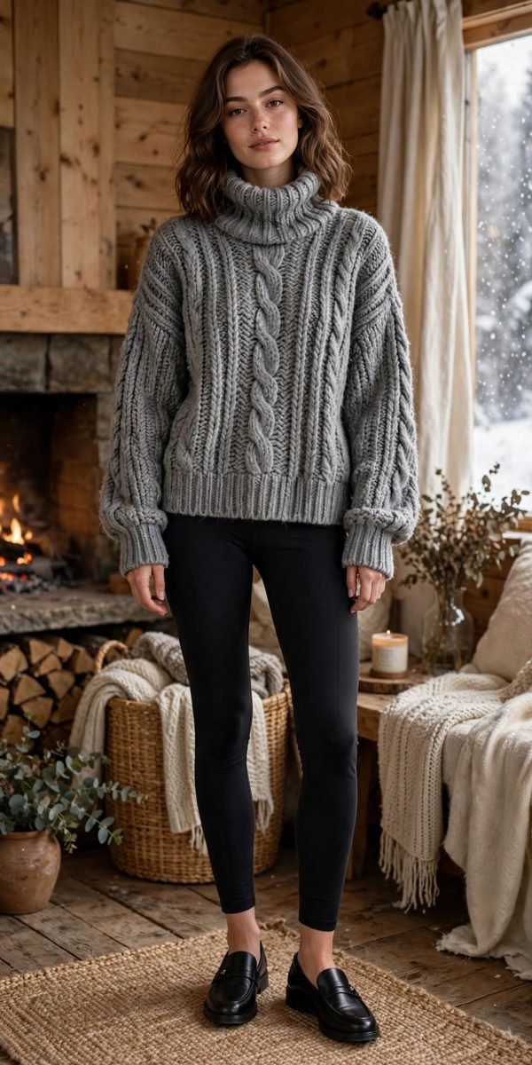 Woman wearing a chunky cream turtleneck sweater with black leggings and loafers