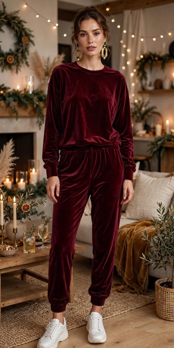 Woman in a burgundy velvet jogger set with statement earrings at a casual party