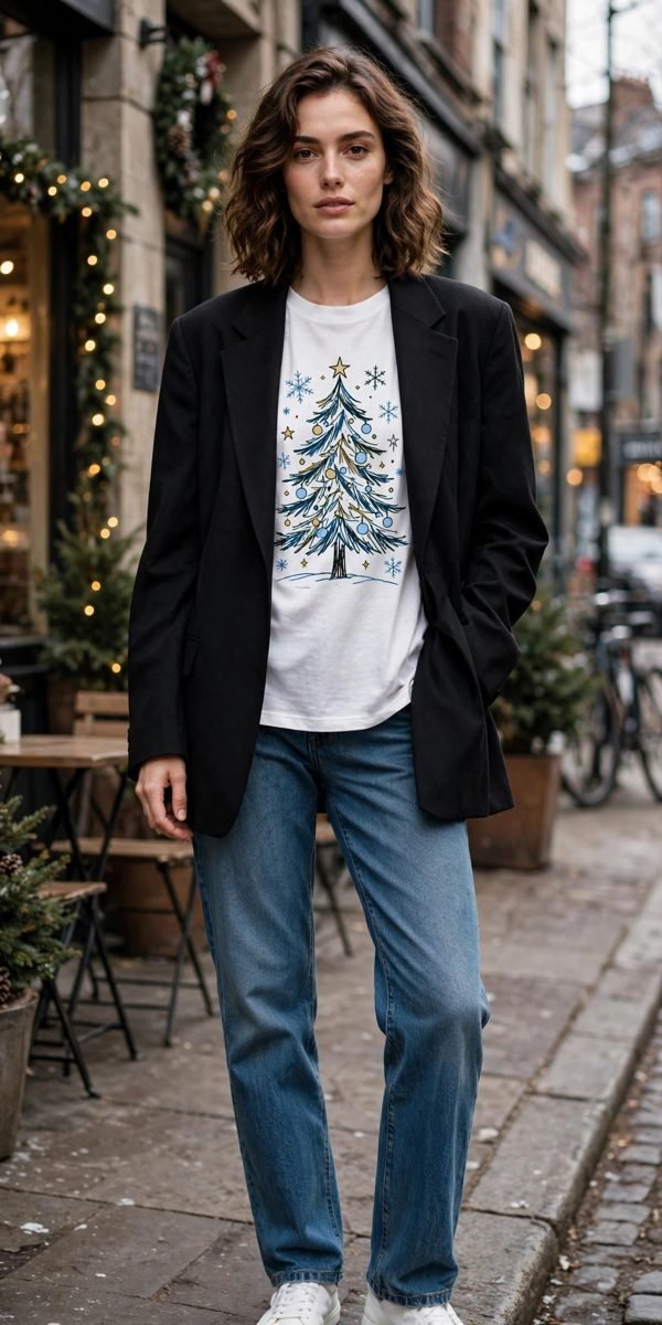 Woman wearing an oversized plaid blazer over a graphic tee with jeans