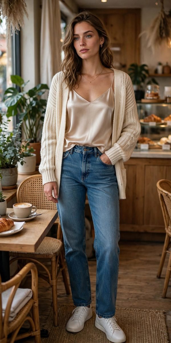 Woman wearing a champagne satin cami with an open cream knit cardigan