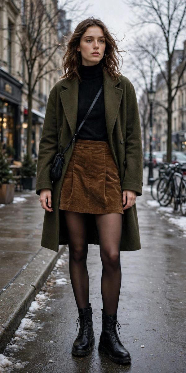 Woman in a rust corduroy mini skirt with black tights and ankle boots