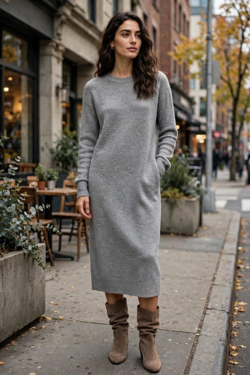 Woman in a burgundy ribbed knit midi dress with slouchy ankle boots