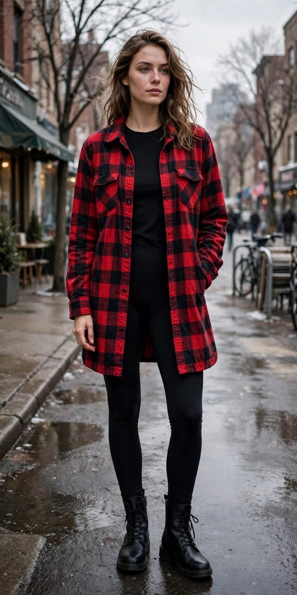Woman wearing a red plaid shacket over a black top and jeans