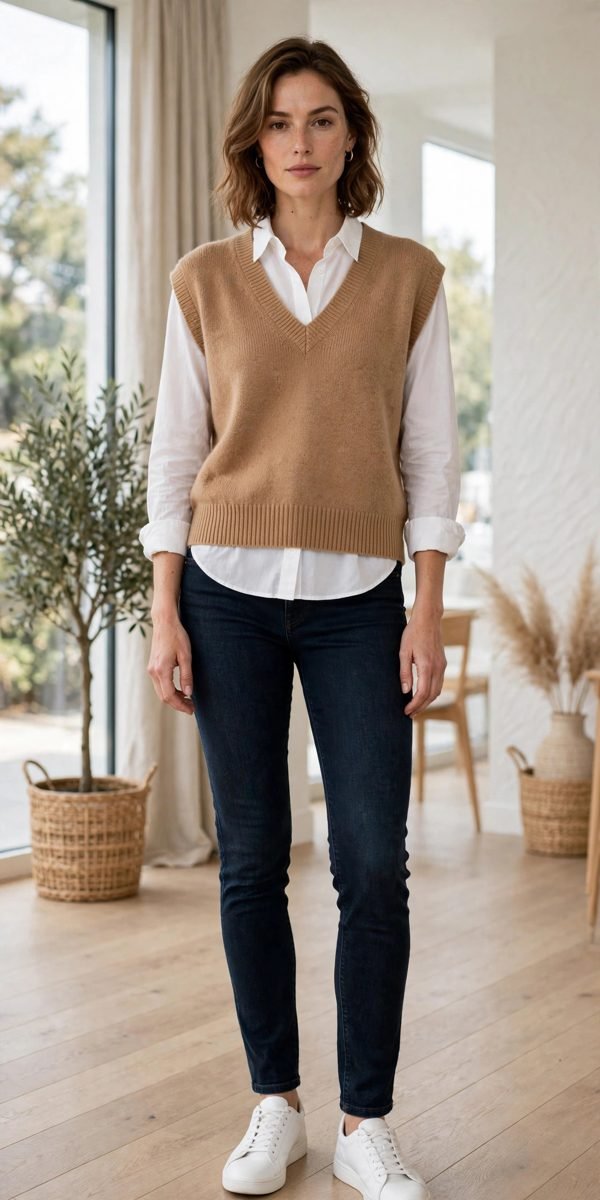 Woman in a red sweater vest layered over a white button-down shirt with jeans