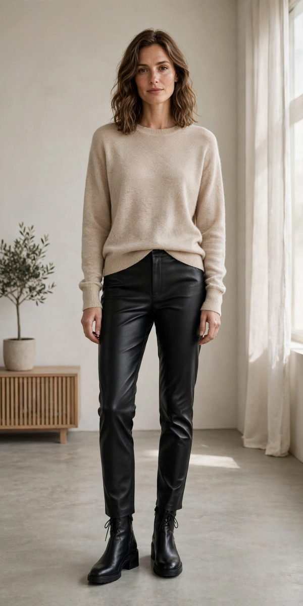 Woman wearing an ivory cashmere crewneck sweater with black leather-look pants