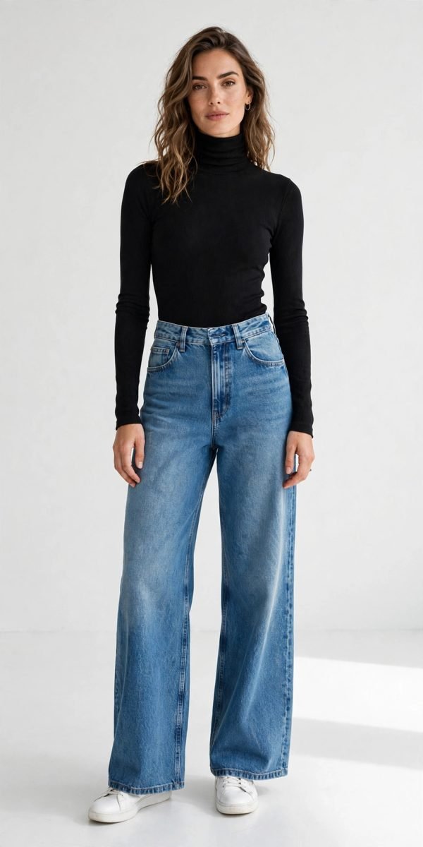 Woman in a black turtleneck bodysuit with dark wide-leg jeans