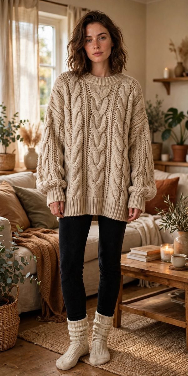 Woman wearing an oversized cream sweater with black leggings and knee-high boots