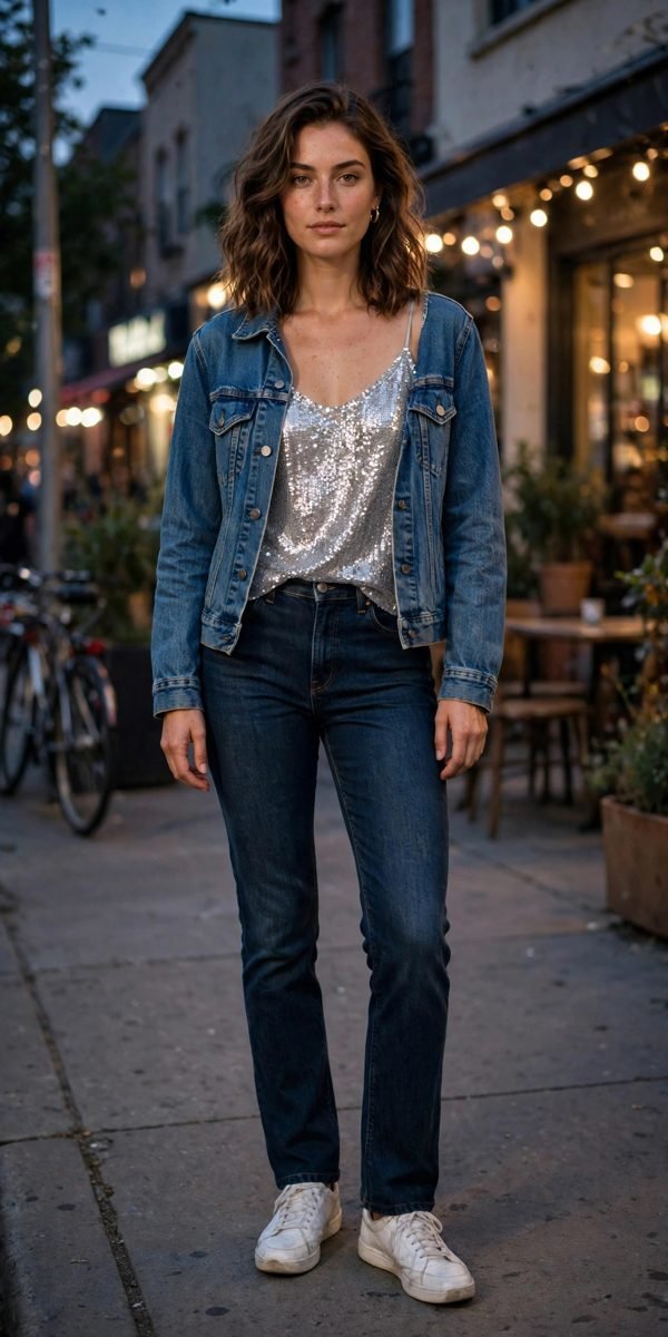 Woman wearing a denim jacket over a gold sequin camisole with black jeans