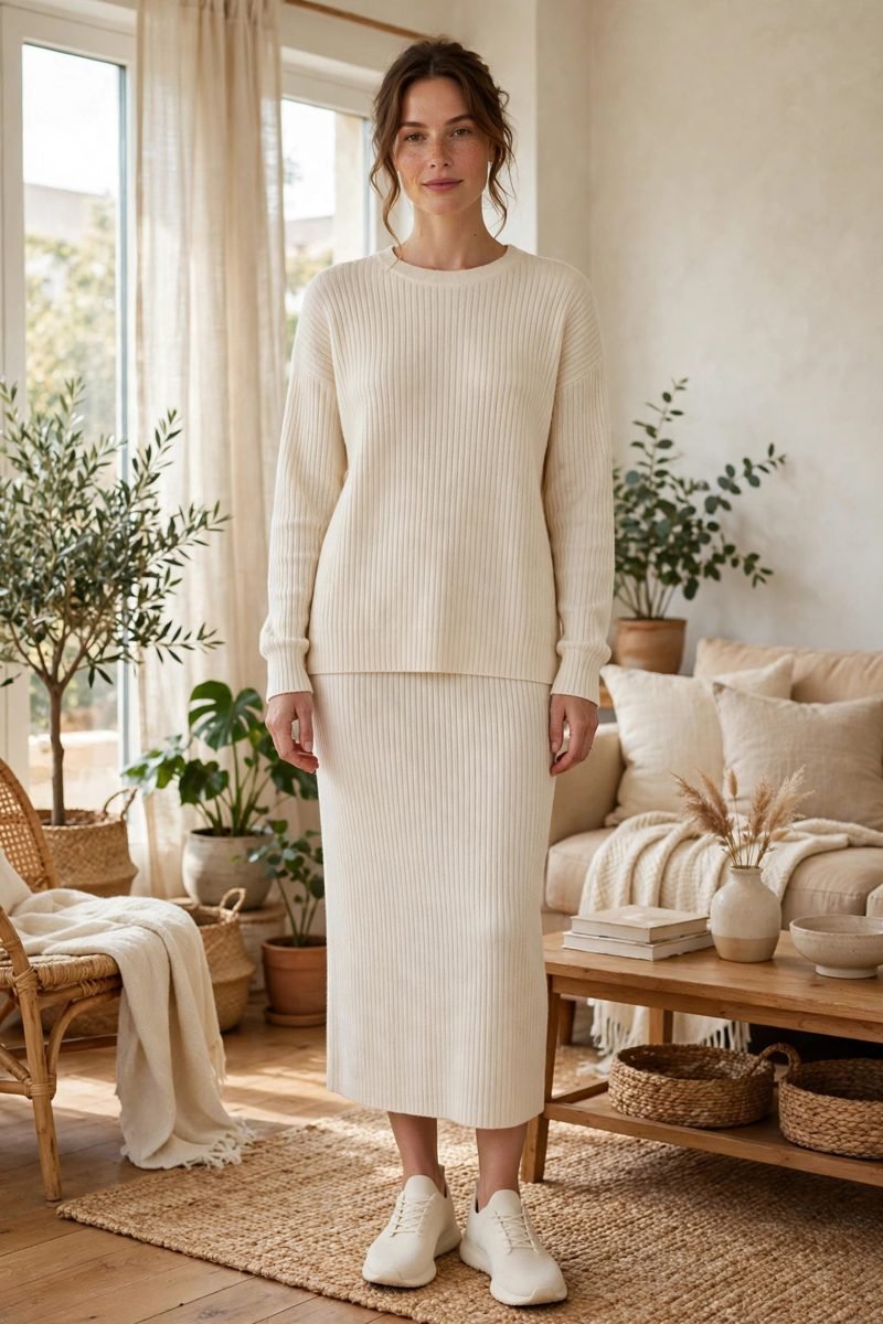 Woman in a cream ribbed knit matching set with gold jewelry