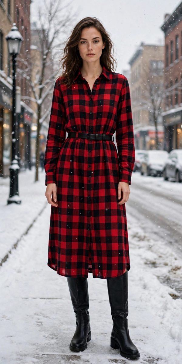 Woman in a red plaid flannel shirt dress with brown knee-high boots