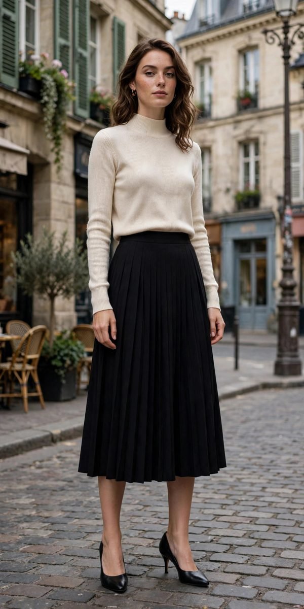 Woman wearing a black mock-neck sweater with a gold pleated midi skirt