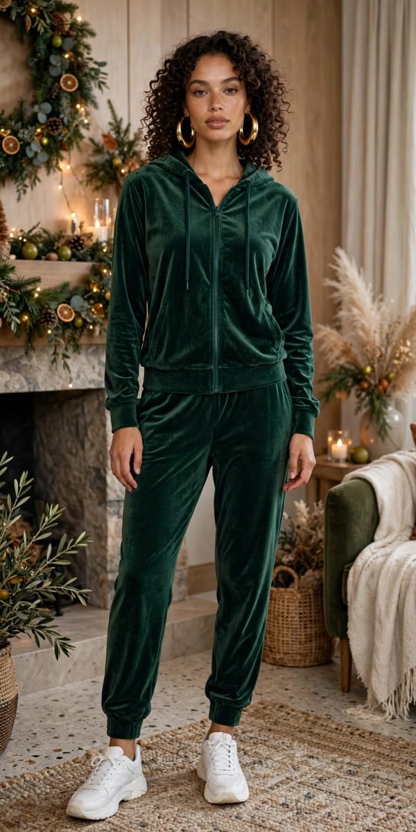 Woman in an emerald velour tracksuit with bold earrings at a casual gathering