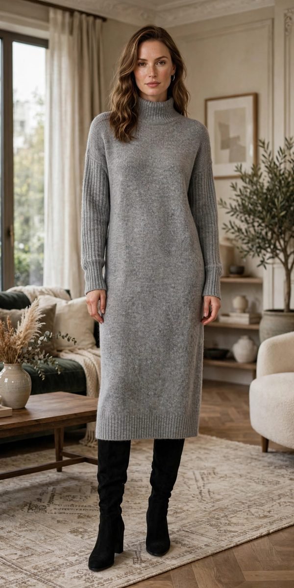 Woman in a charcoal sweater dress with over-the-knee boots