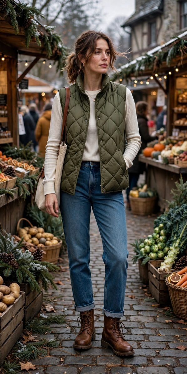 Woman wearing a quilted vest over a red thermal top with jeans at an outdoor party