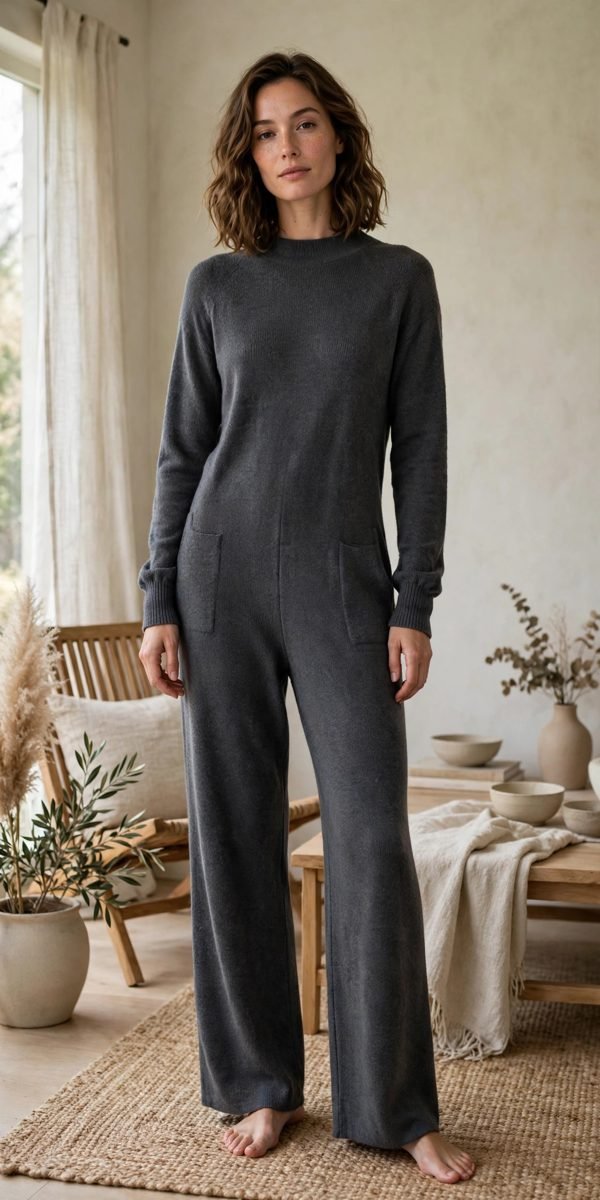 Woman in a charcoal soft knit jumpsuit with heeled ankle boots