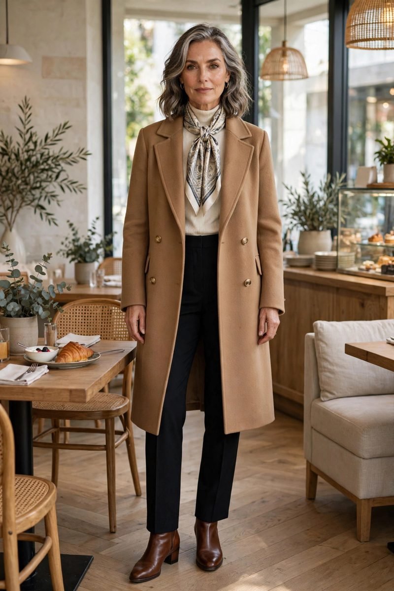 Woman in classic camel coat and scarf