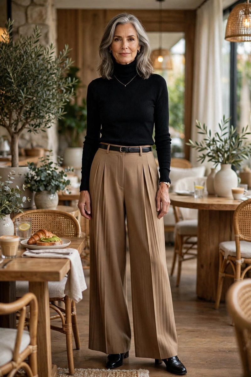 Woman in turtleneck and pleated trousers