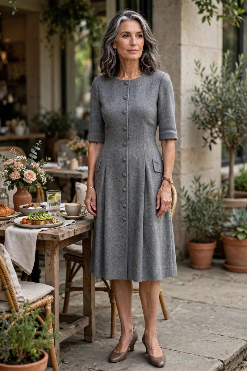 Woman in knee length wool dress