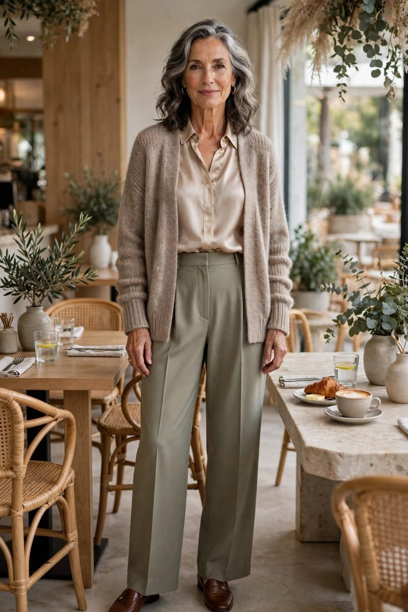 Woman in soft cardigan over silk blouse