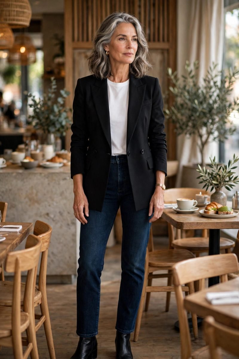 Woman in dark jeans and structured blazer