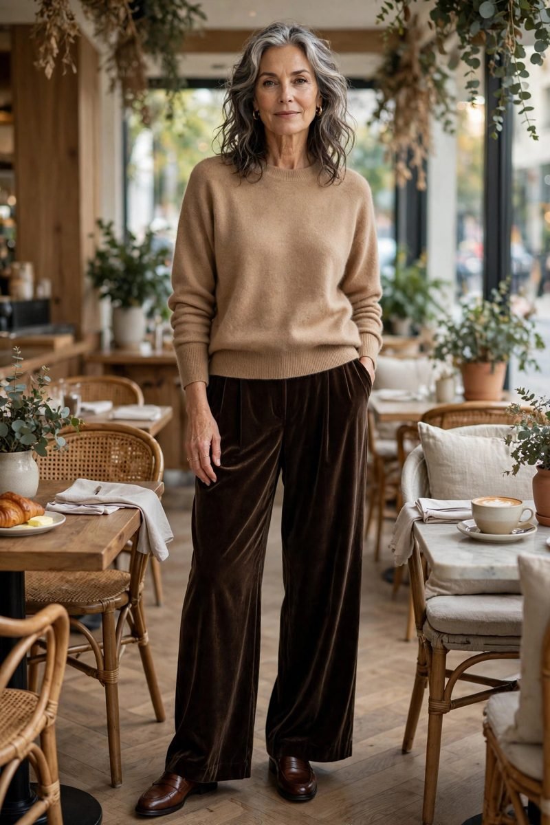 Woman in velvet trousers and cashmere sweater