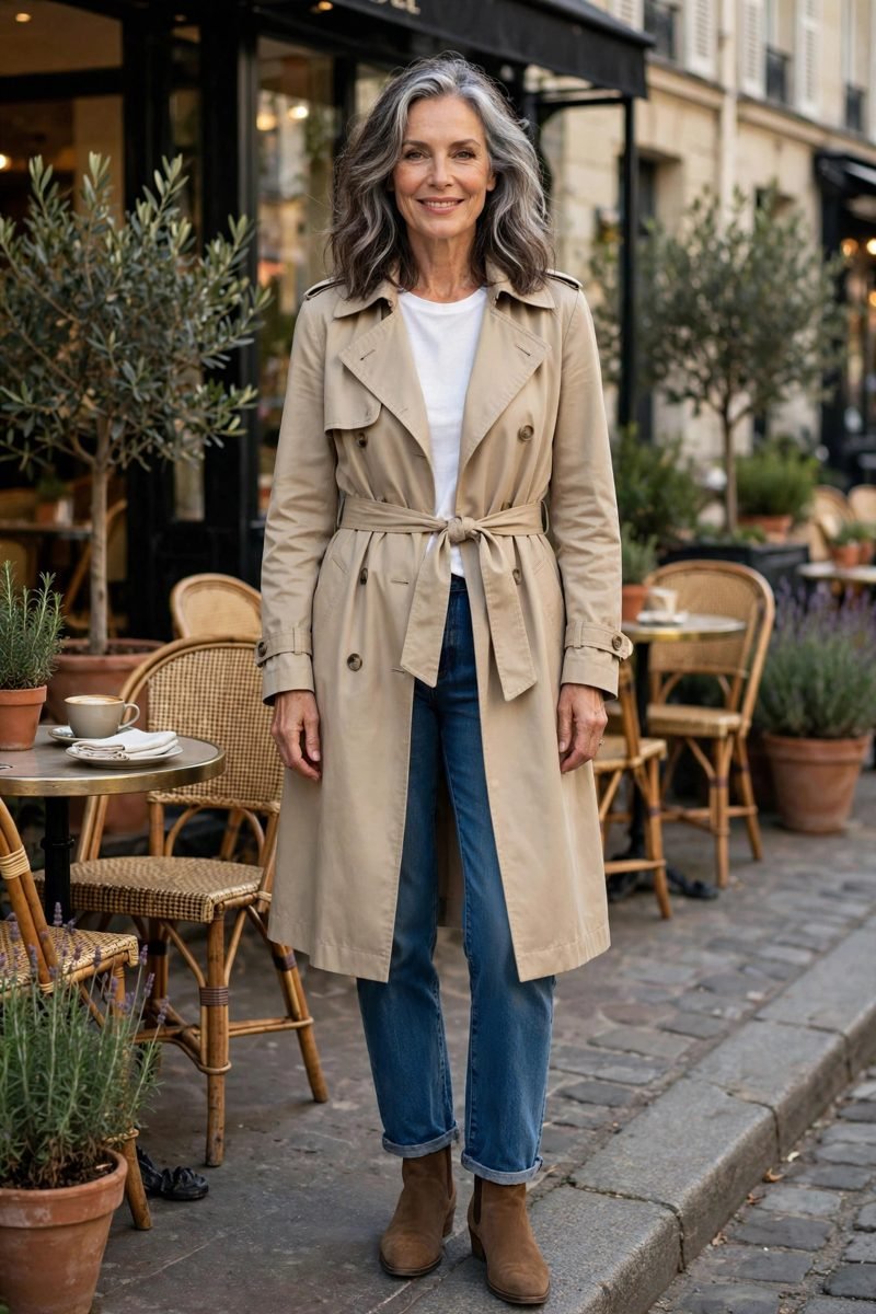 Woman in belted trench coat