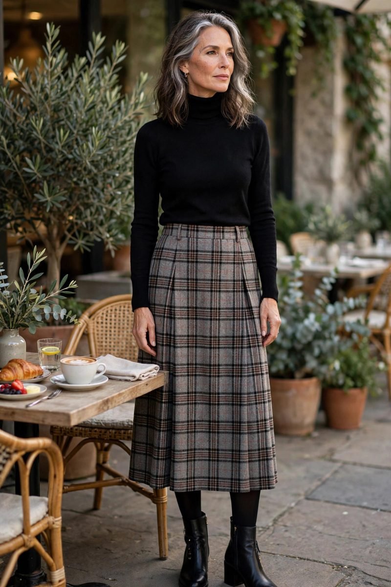 Woman in plaid wool skirt and boots