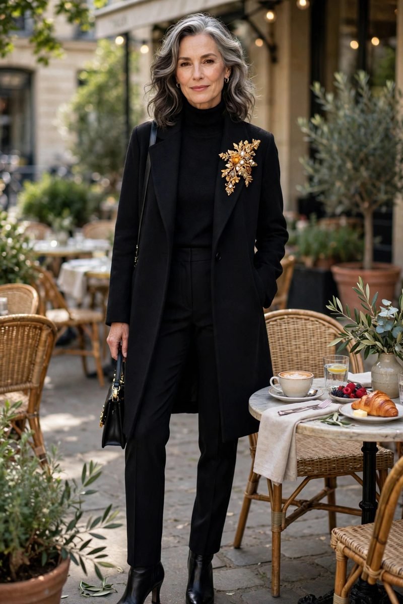 Woman with statement brooch on coat