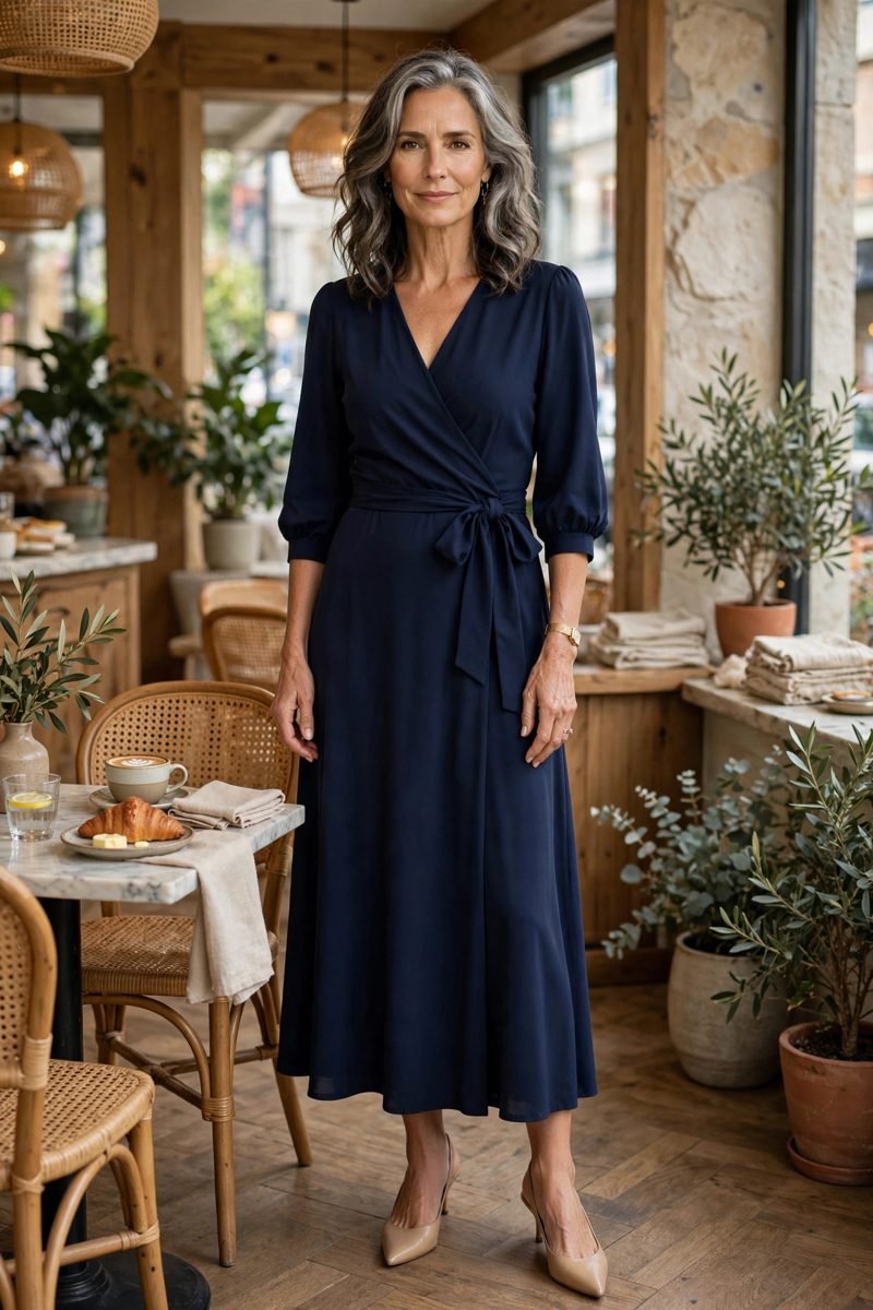 Woman in flattering wrap dress